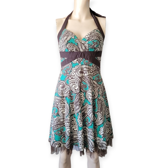 Y2K Whimsigoth Paisley Halter Dress With Tulle Hem Teal And Brown Medium - Picture 2 of 15
